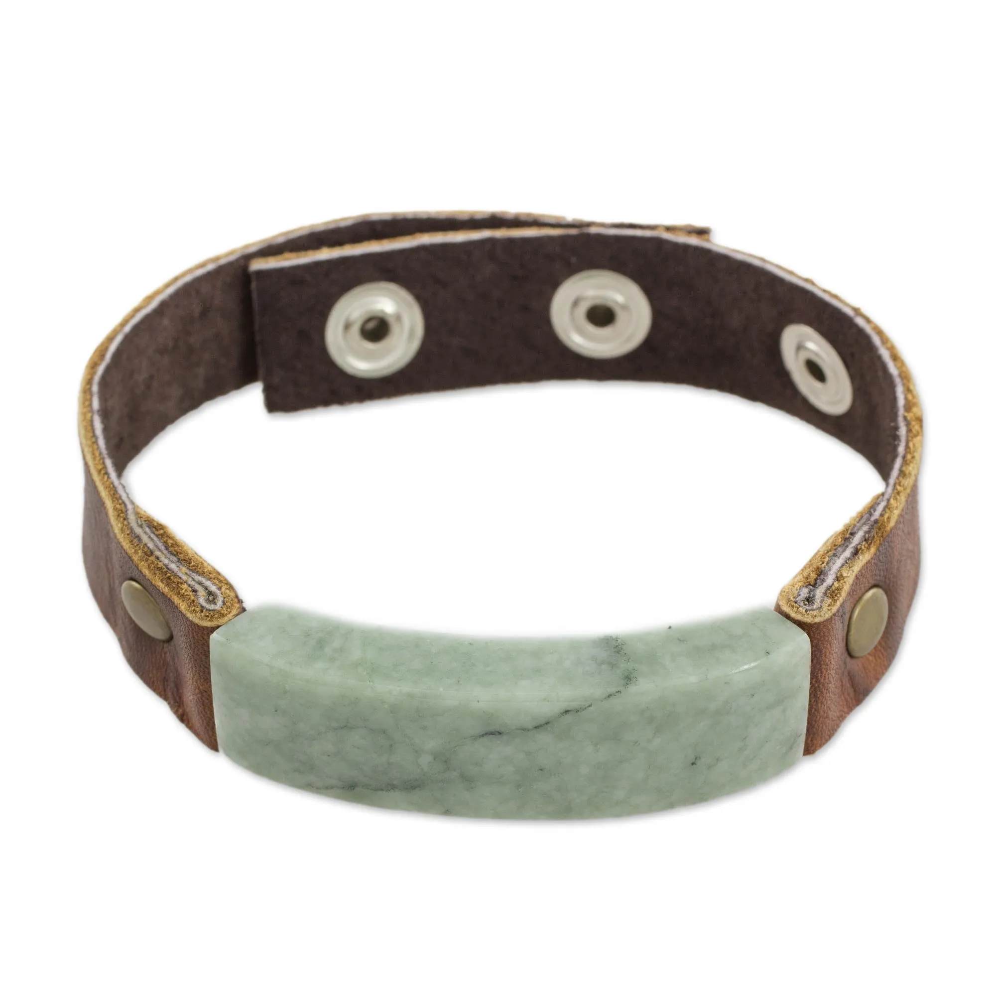 Men's Leather Wristband Bracelet with Light Green Jade - Light Green Maya Fortress | NOVICA