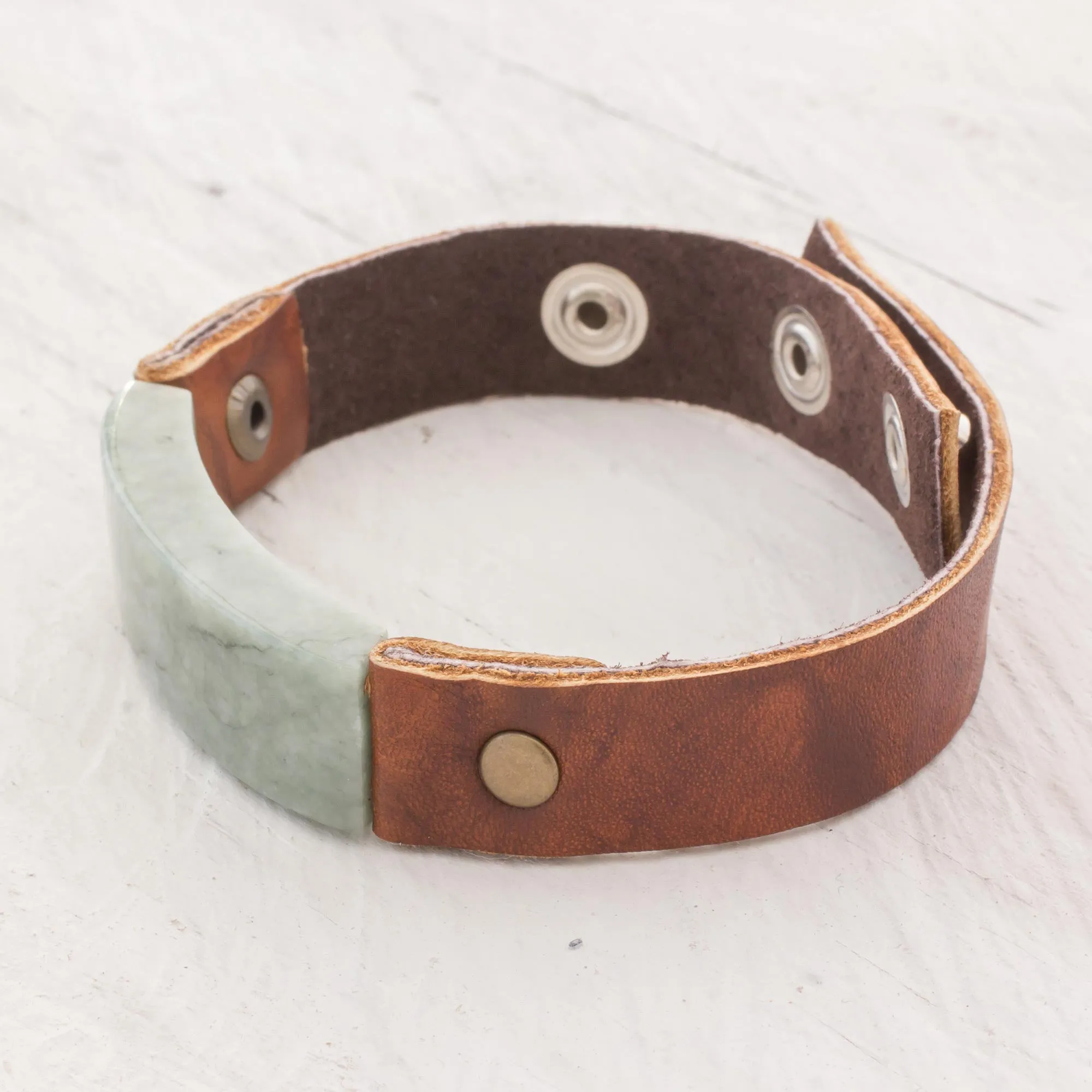 Men's Leather Wristband Bracelet with Light Green Jade - Light Green Maya Fortress | NOVICA