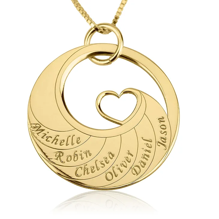 Mother's Heart Necklace with Engraved Names - 24k Gold Plated