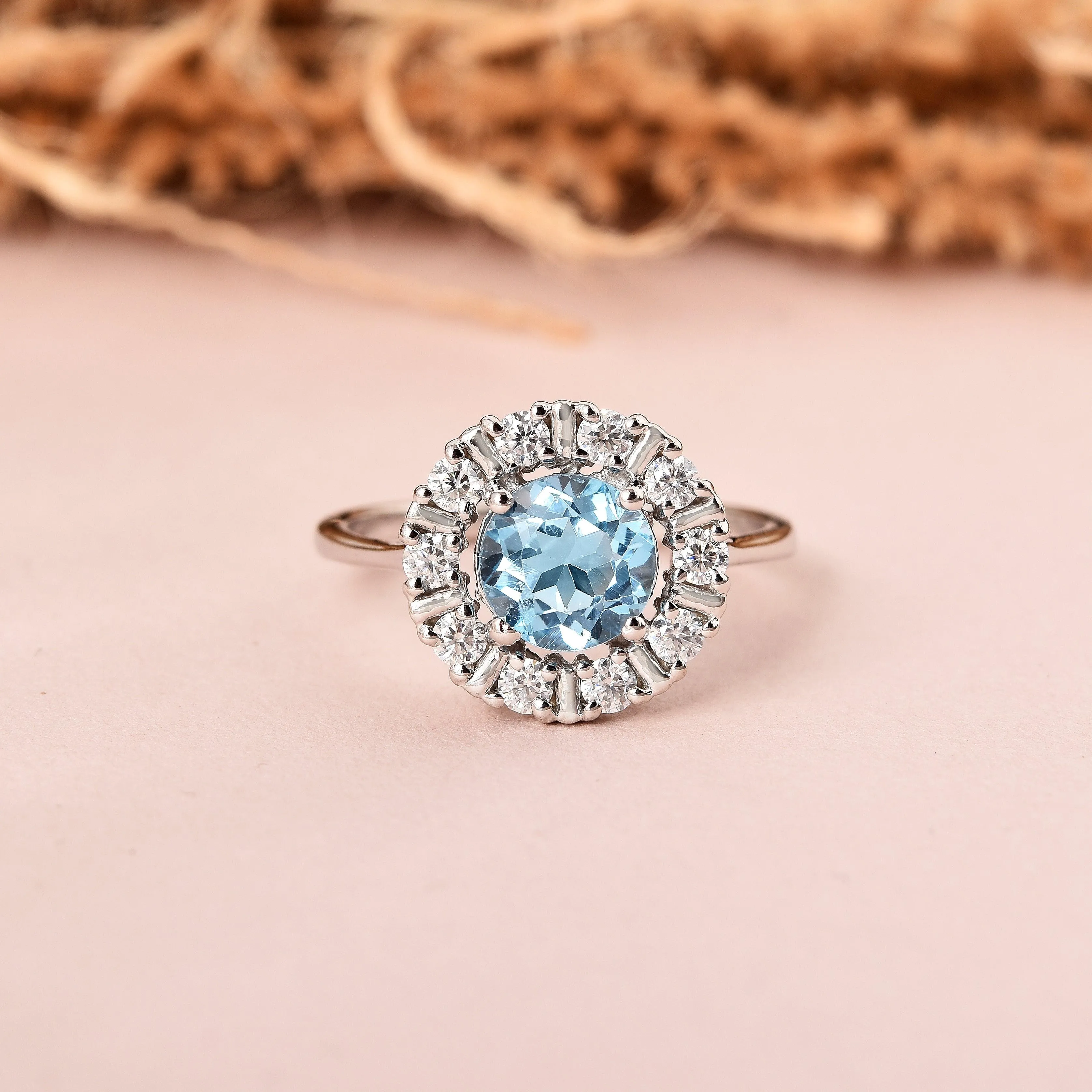 Natural Blue Topaz Round Halo Ring