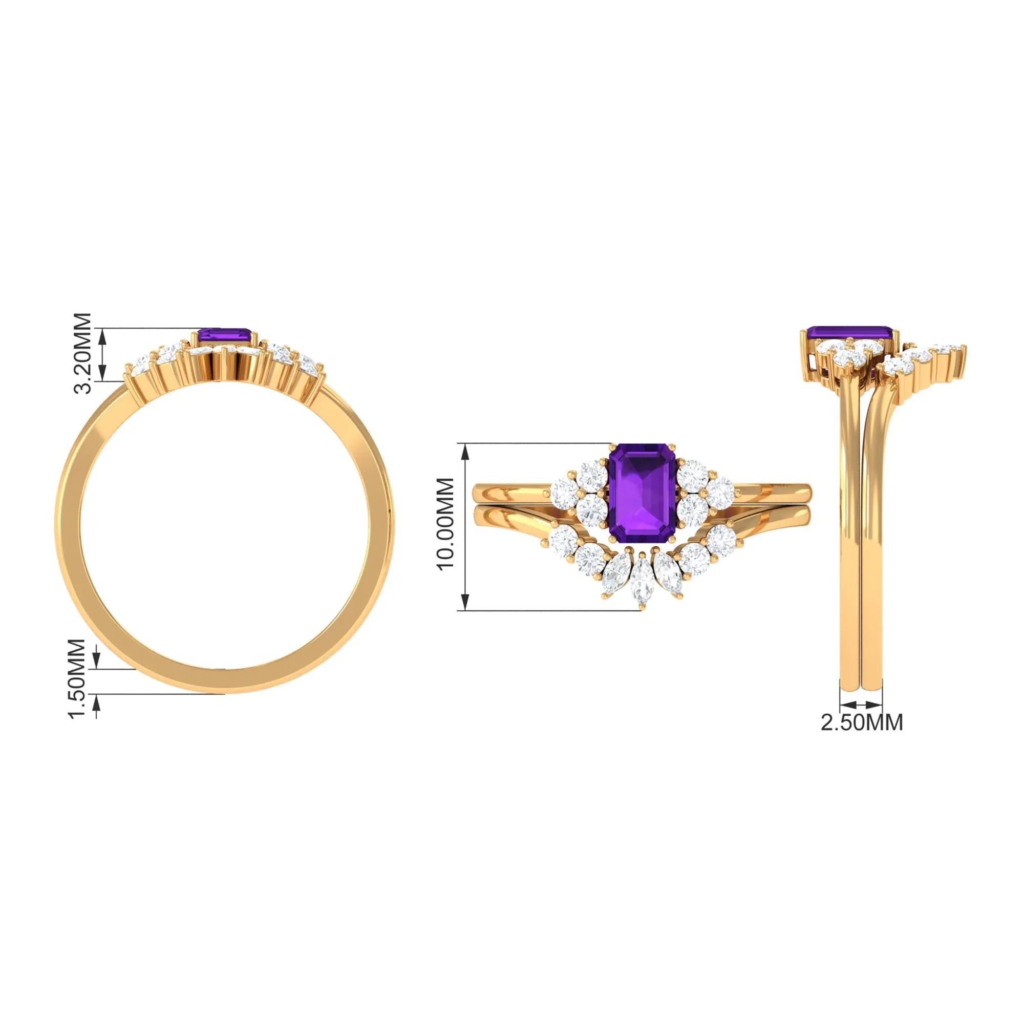 Octagon Amethyst Solitaire Stackable Ring Set with Diamond