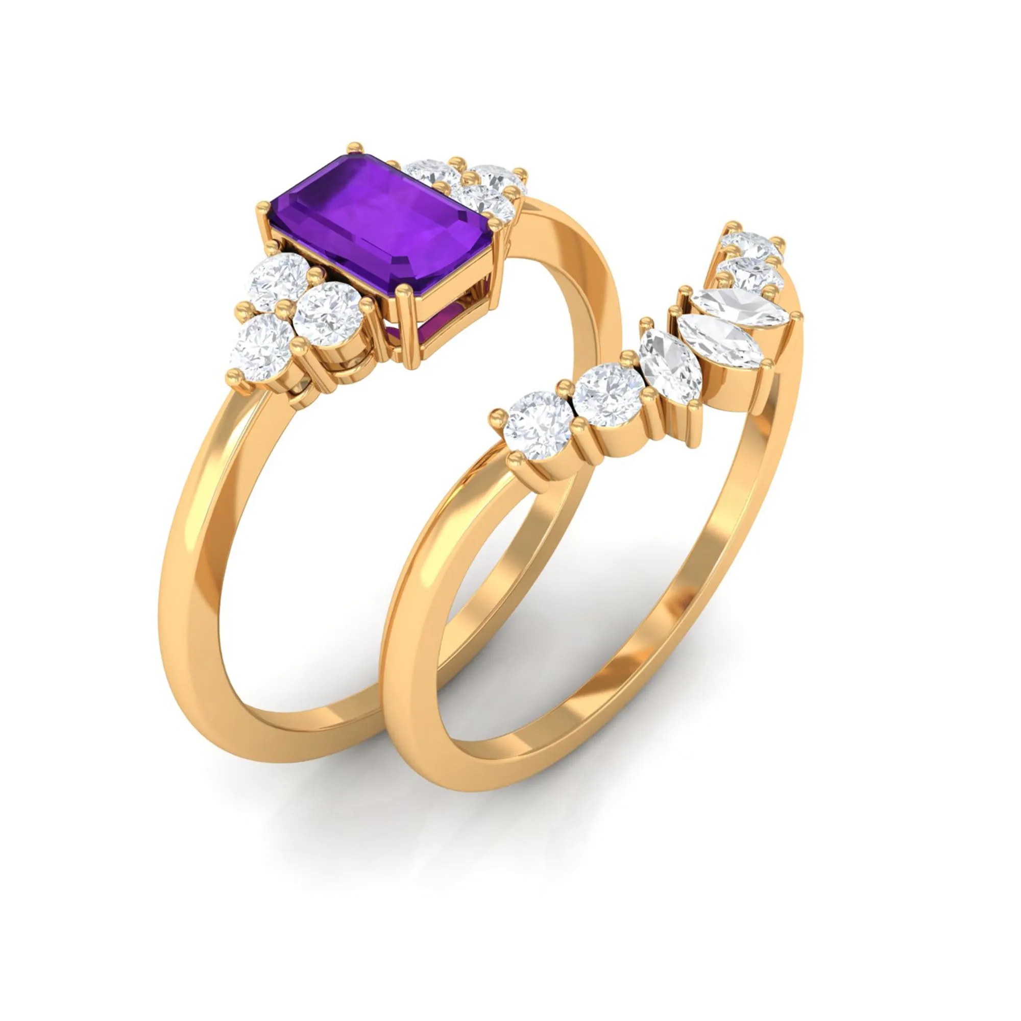 Octagon Amethyst Solitaire Stackable Ring Set with Diamond