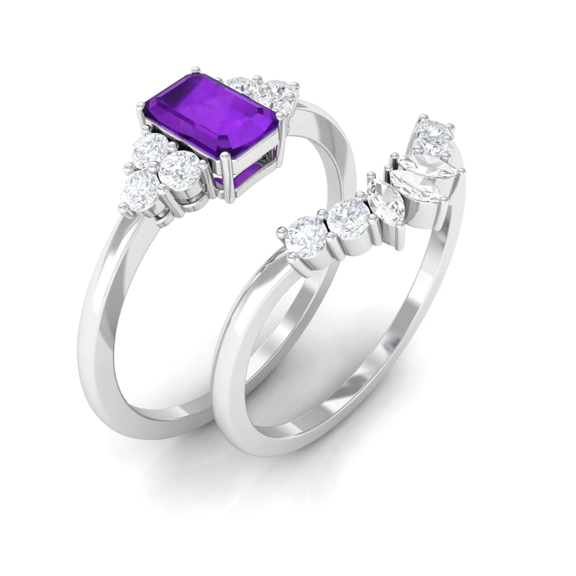 Octagon Amethyst Solitaire Stackable Ring Set with Diamond