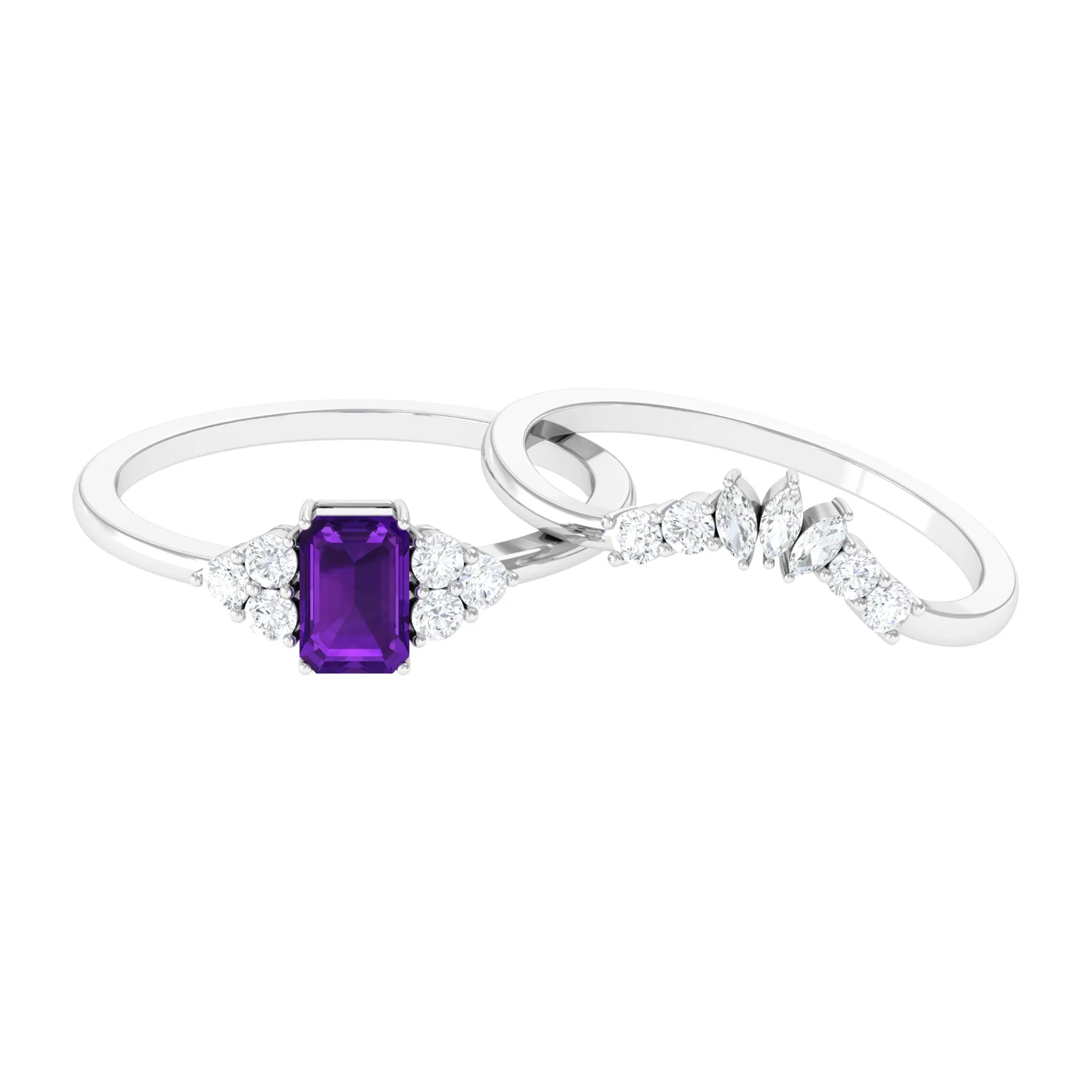 Octagon Amethyst Solitaire Stackable Ring Set with Diamond