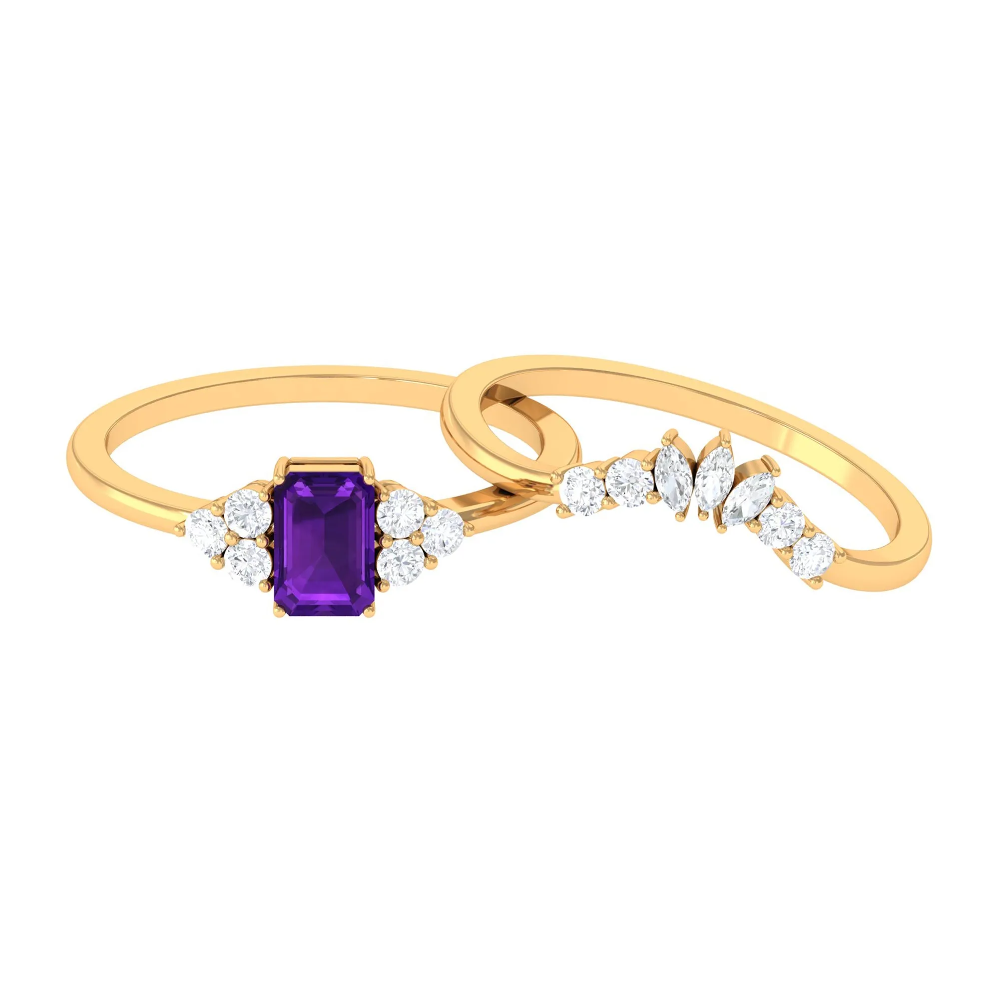 Octagon Amethyst Solitaire Stackable Ring Set with Diamond