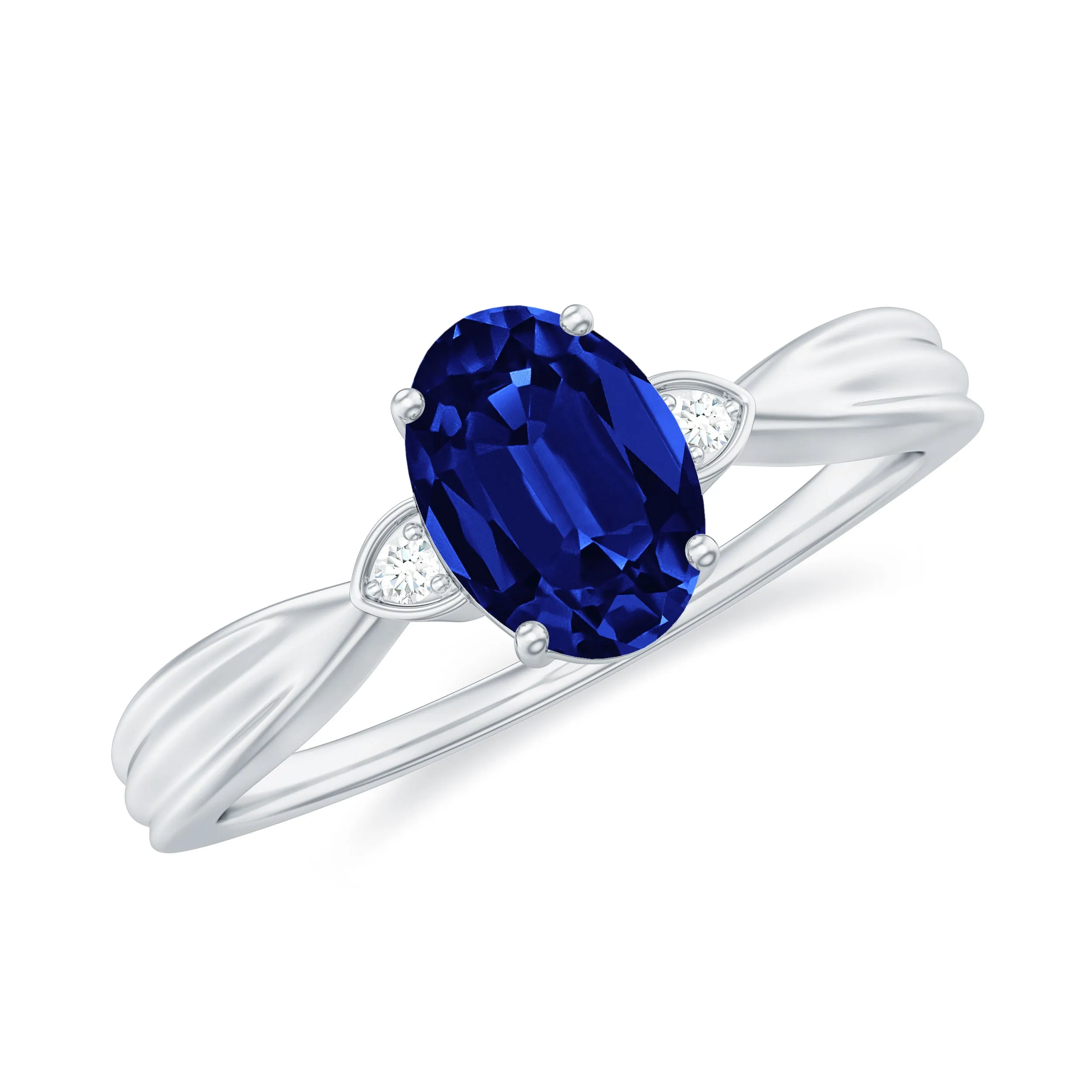 Oval Cut Lab Grown Blue Sapphire Solitaire Ring with Diamond