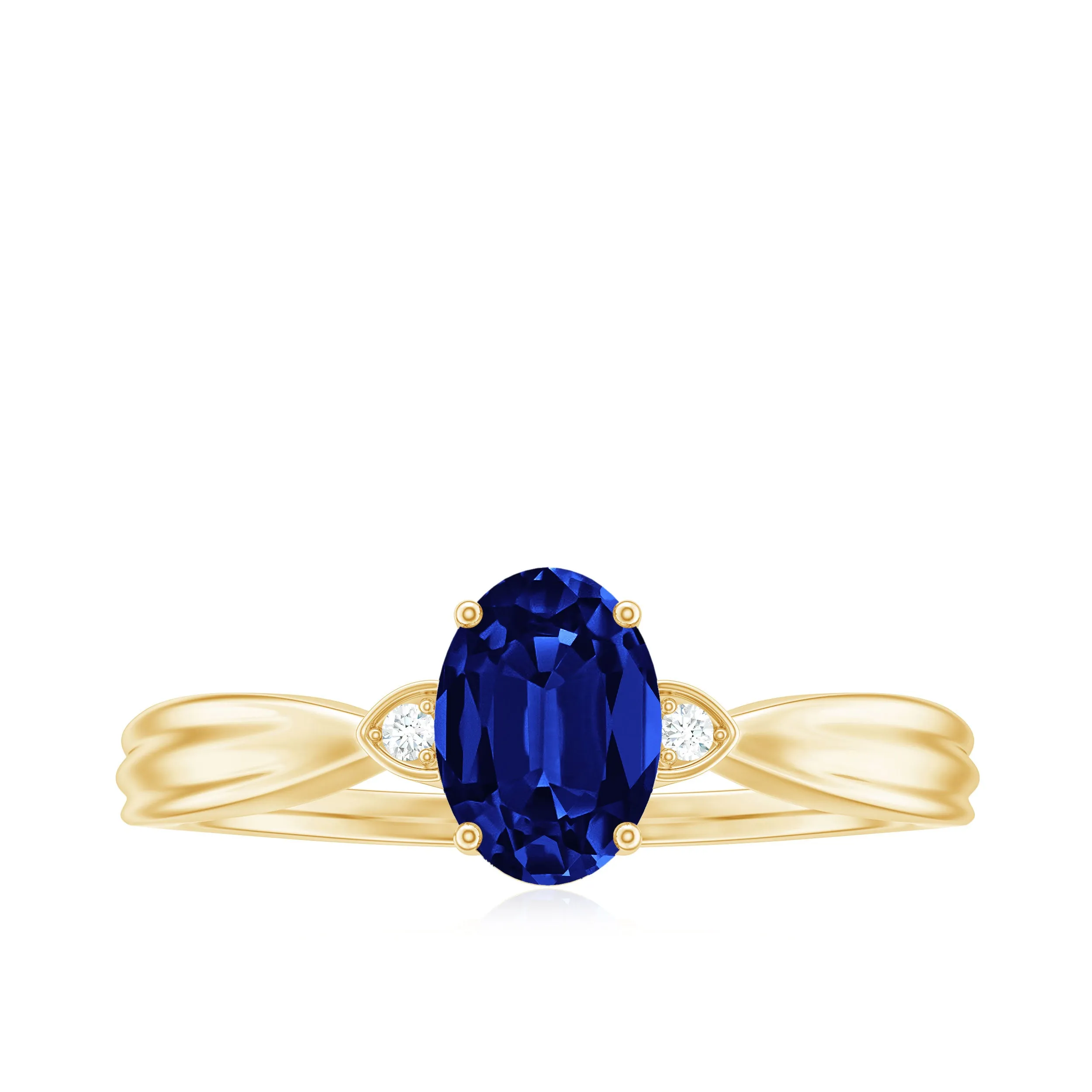 Oval Cut Lab Grown Blue Sapphire Solitaire Ring with Diamond