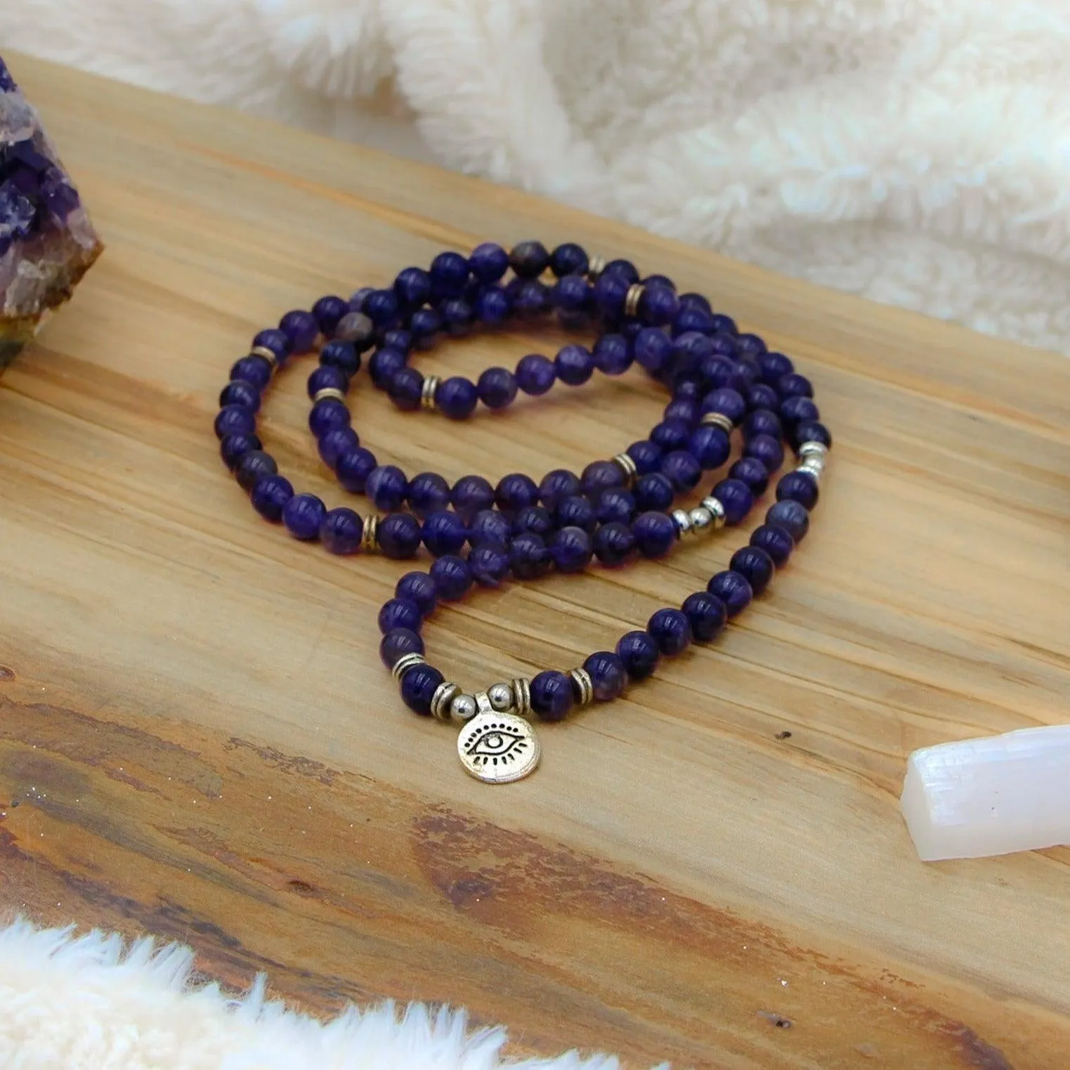 Peaceful Amethyst Third Eye Mala Bead Necklace – Awaken Your Intuition and Inner Peace