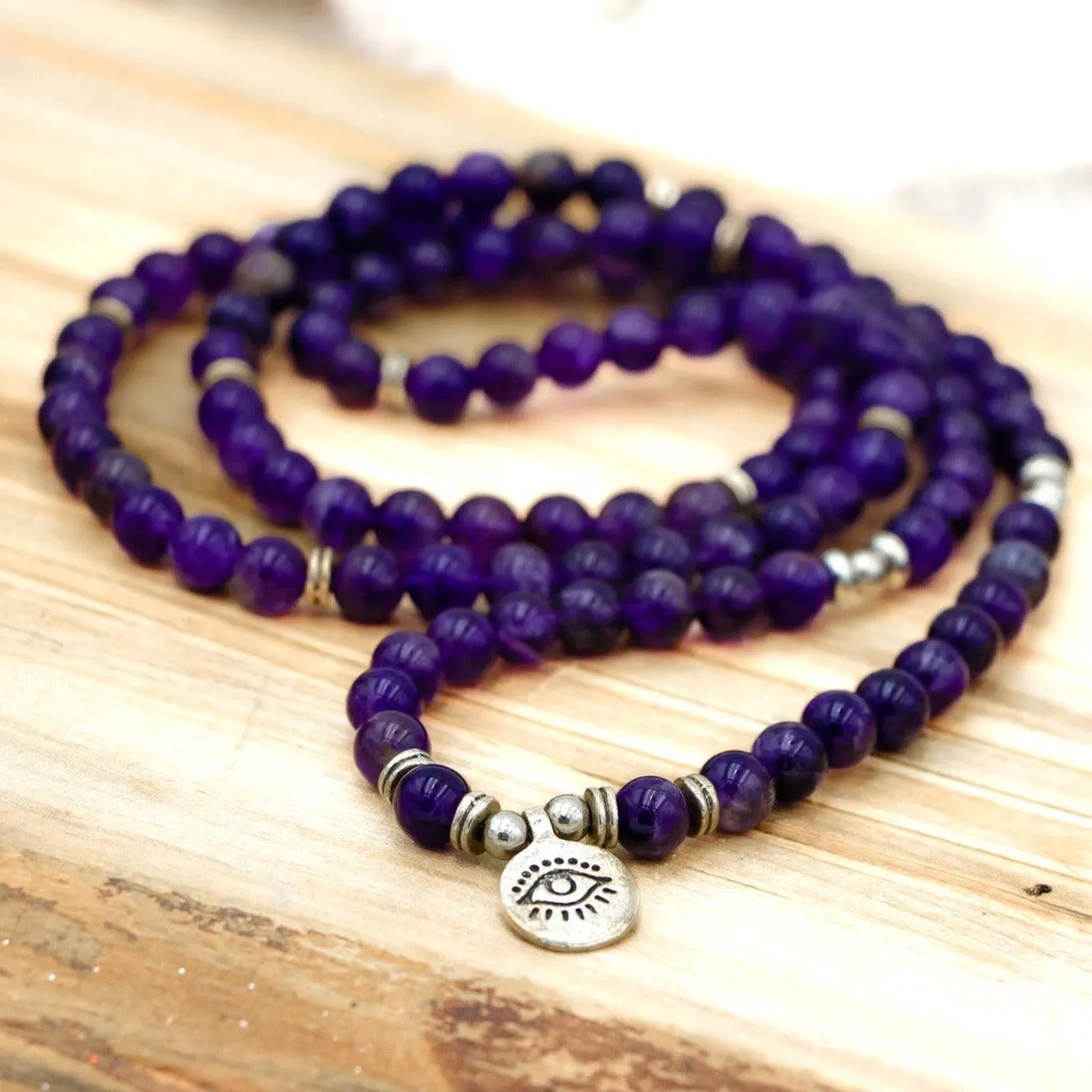 Peaceful Amethyst Third Eye Mala Bead Necklace – Awaken Your Intuition and Inner Peace