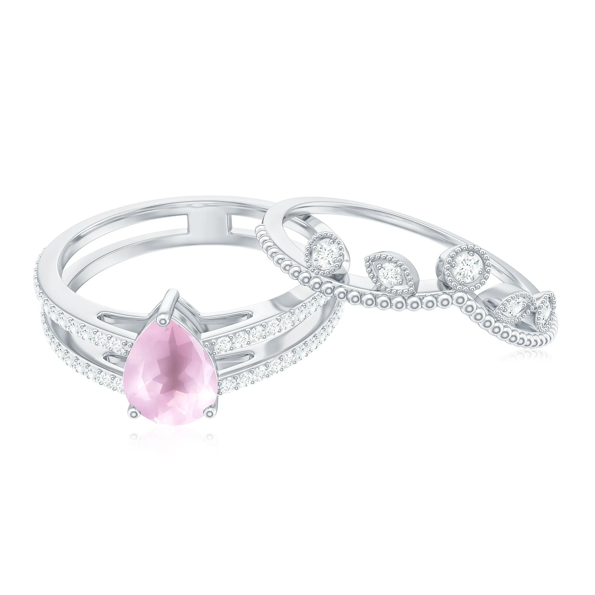 Pear Cut Natural Rose Quartz and Moissanite Wedding Ring Set