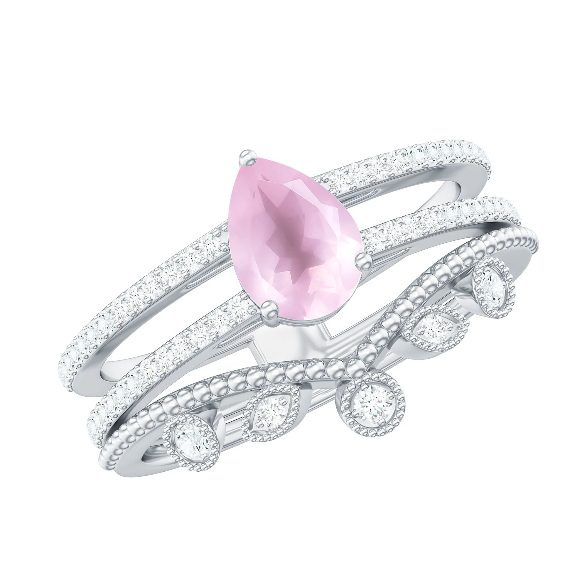 Pear Cut Natural Rose Quartz and Moissanite Wedding Ring Set