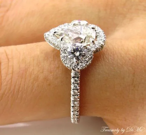 PEAR SHAPED DIAMOND THREE STONE WITH HALO ENGAGEMENT WEDDING RING