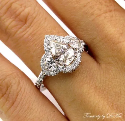 PEAR SHAPED DIAMOND THREE STONE WITH HALO ENGAGEMENT WEDDING RING