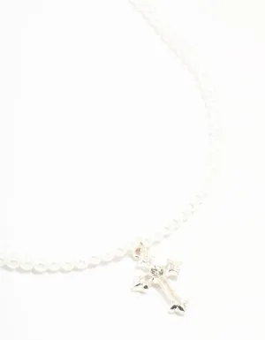 Pearl Silver Cross Pendant Necklace