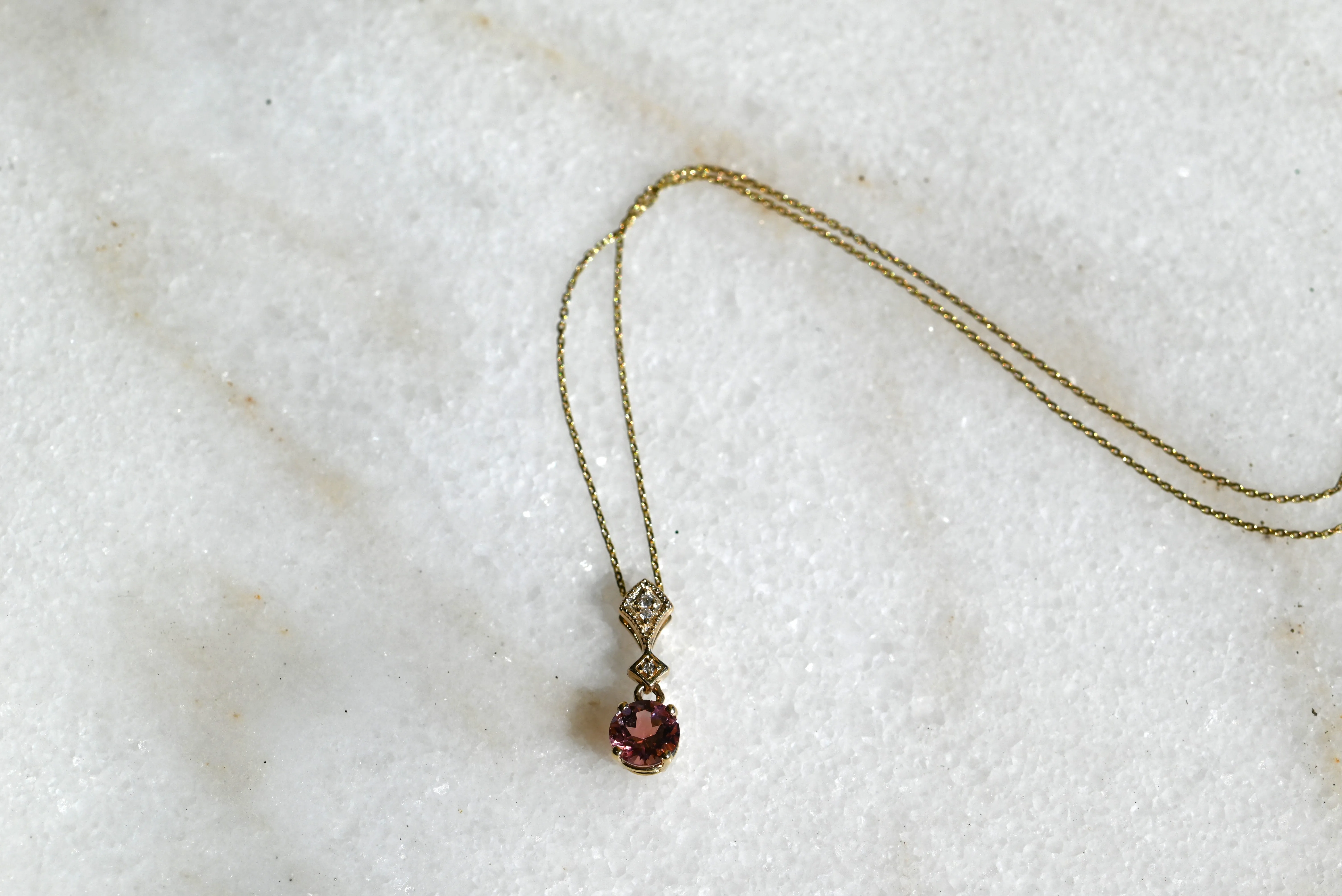 Pink Sapphire & Diamond Yellow Gold Drop Pendant