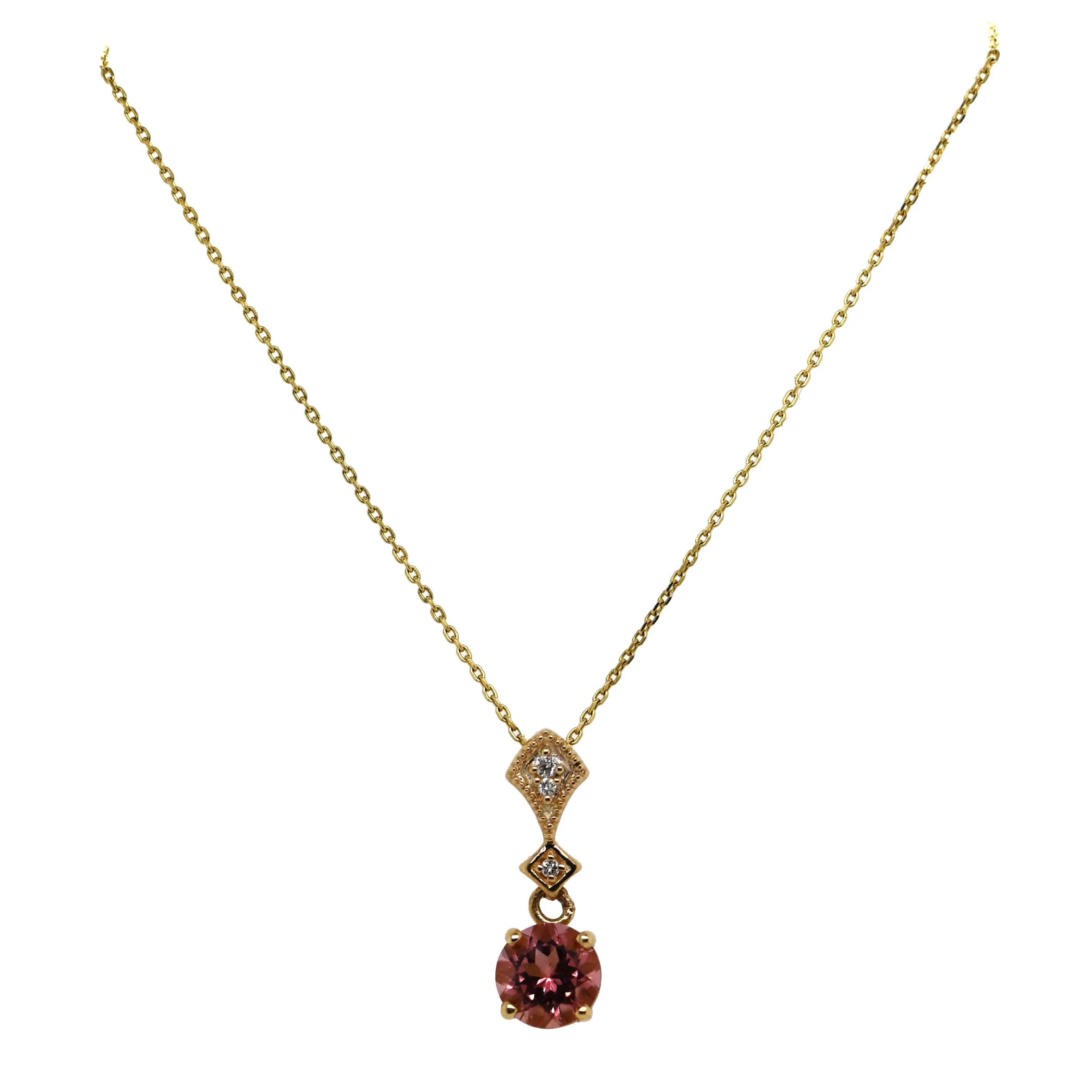 Pink Sapphire & Diamond Yellow Gold Drop Pendant