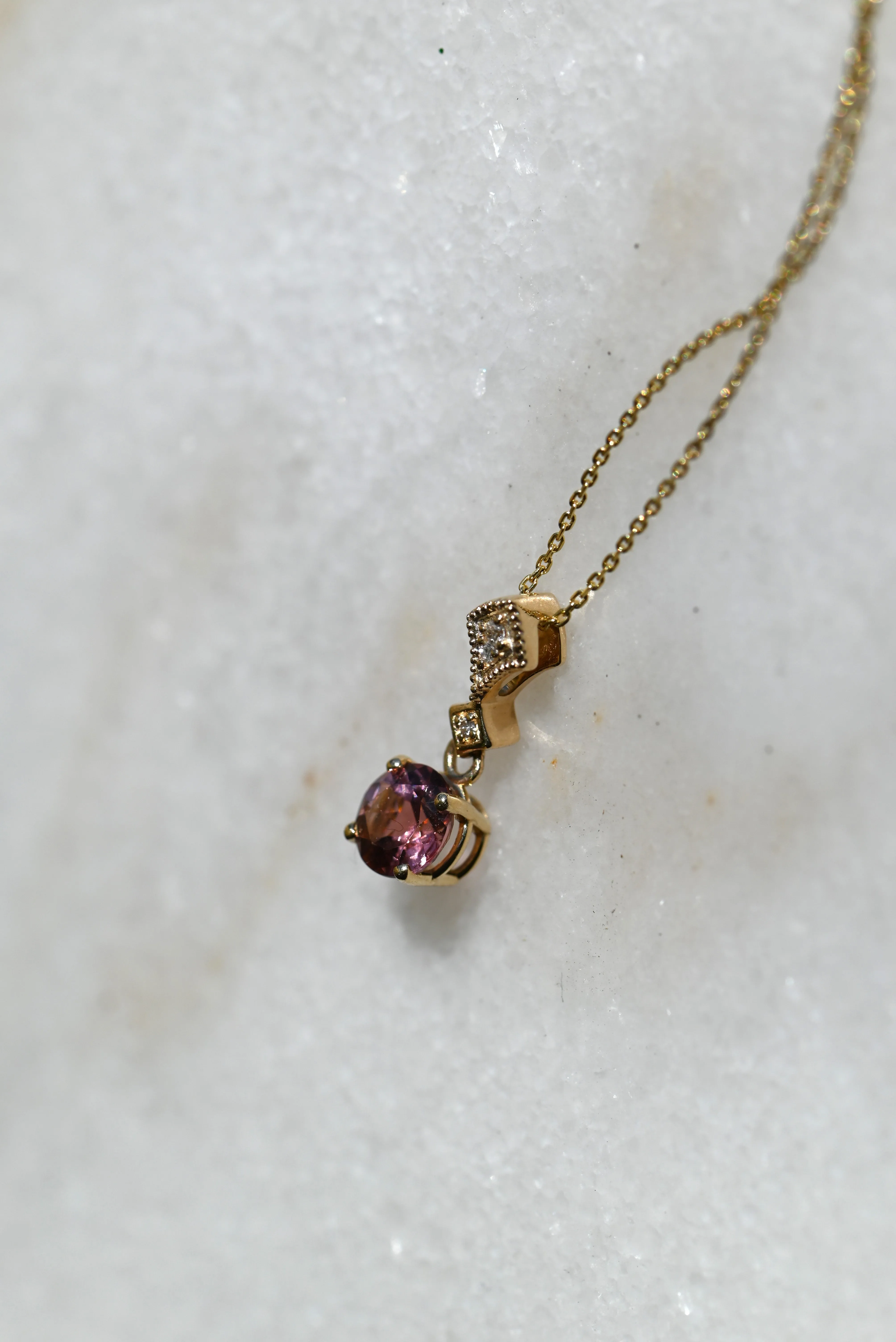 Pink Sapphire & Diamond Yellow Gold Drop Pendant