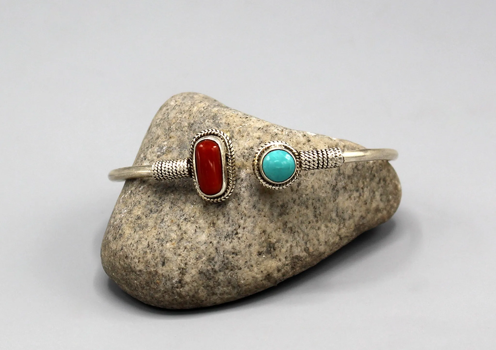 Plain Coral and Turquoise Inlaid Sterling Silver Bracelet