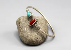 Plain Coral and Turquoise Inlaid Sterling Silver Bracelet