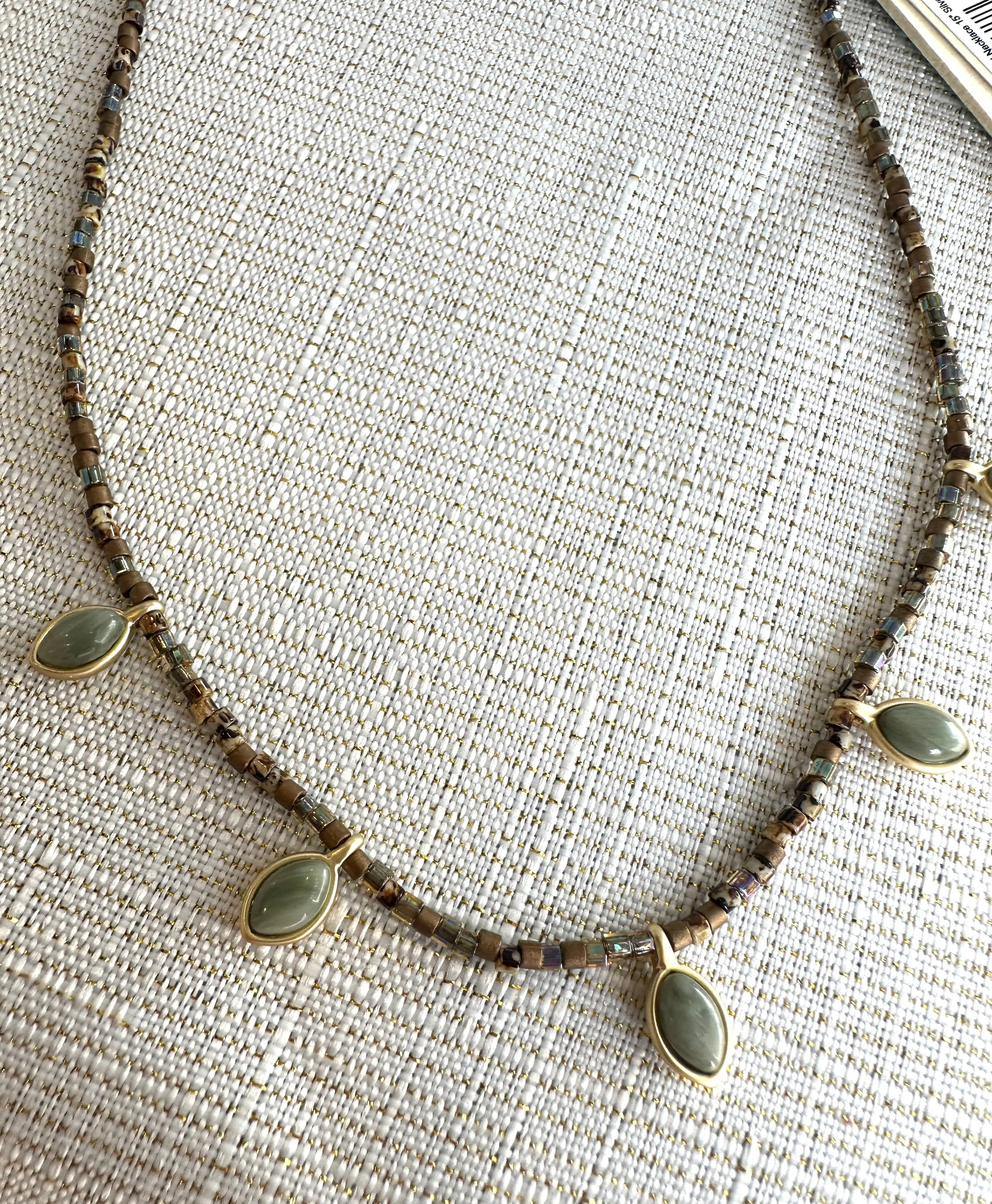 Primrose Bitty Bead Necklace 15" Silver Leaf Jasper