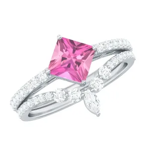 Princess Cut Solitaire Pink tourmaline Designer Ring Set with Moissanite