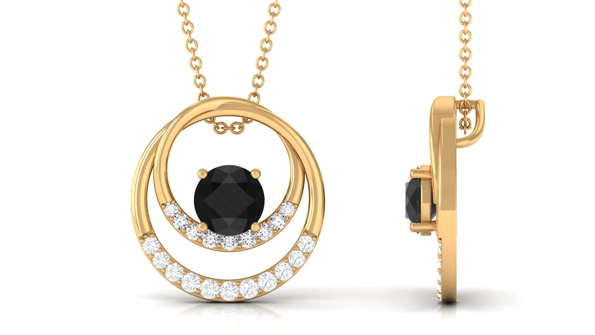 Real Black Spinel and Diamond Open Circle Pendant