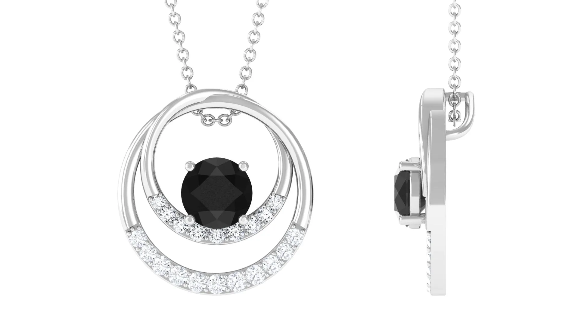 Real Black Spinel and Diamond Open Circle Pendant