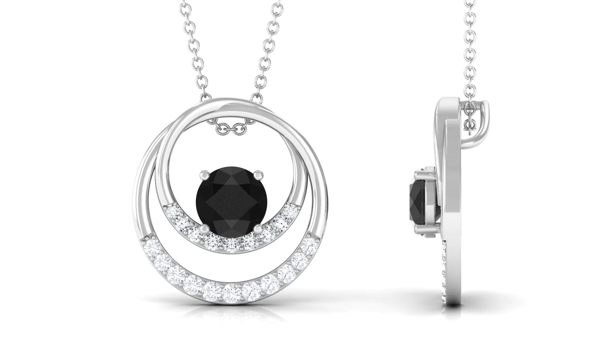 Real Black Spinel and Diamond Open Circle Pendant