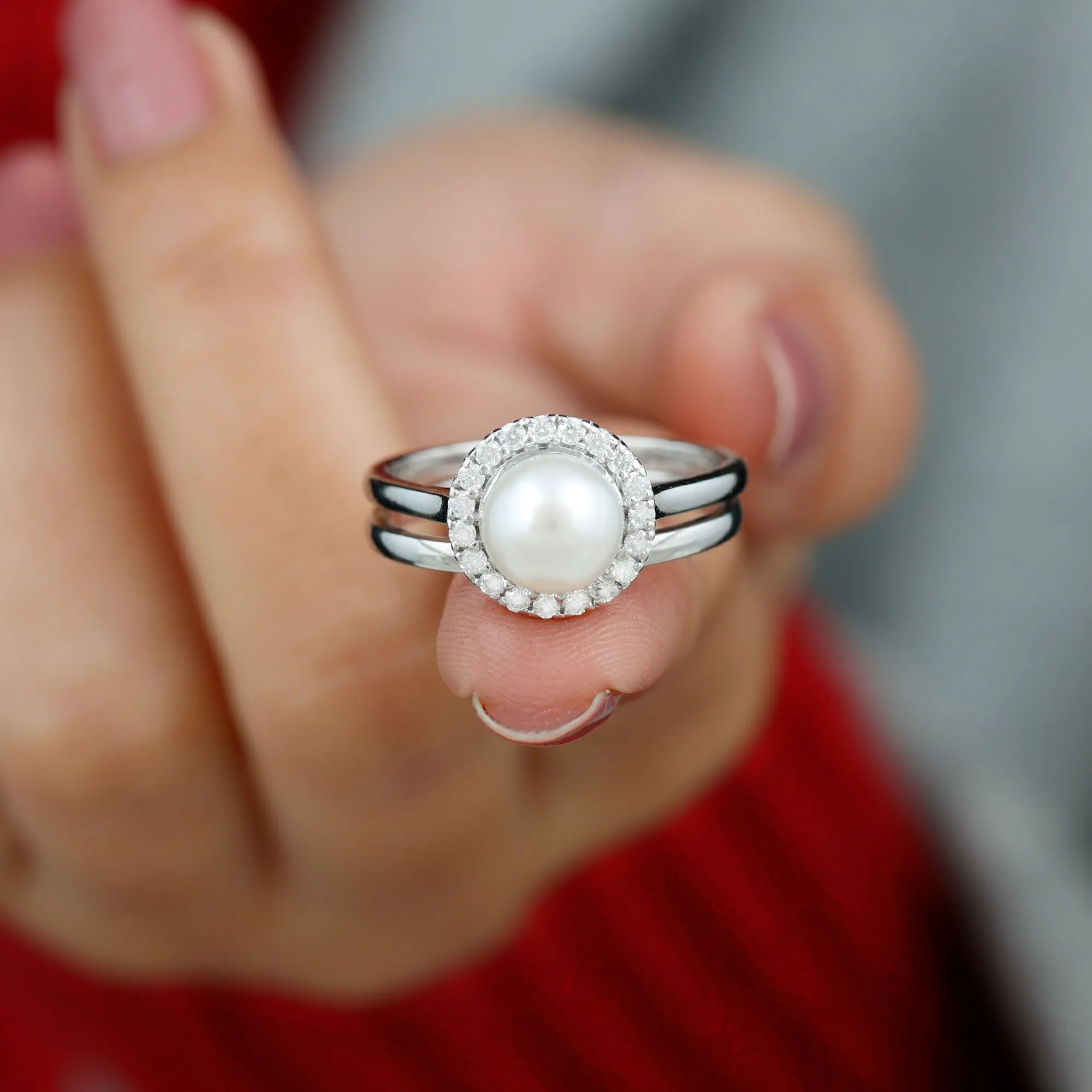 Real Freshwater Pearl Halo Wedding Ring Set with Plain Band