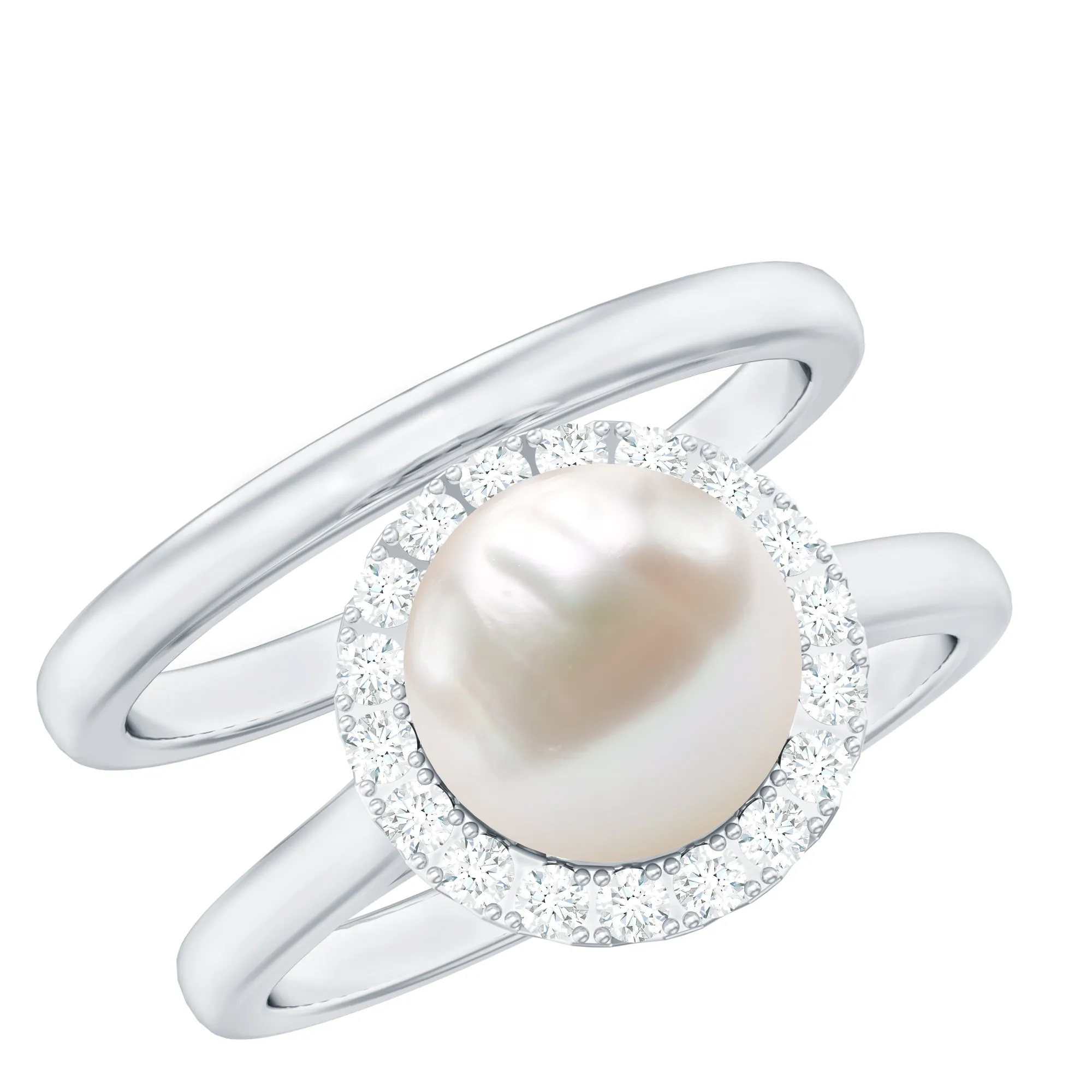 Real Freshwater Pearl Halo Wedding Ring Set with Plain Band