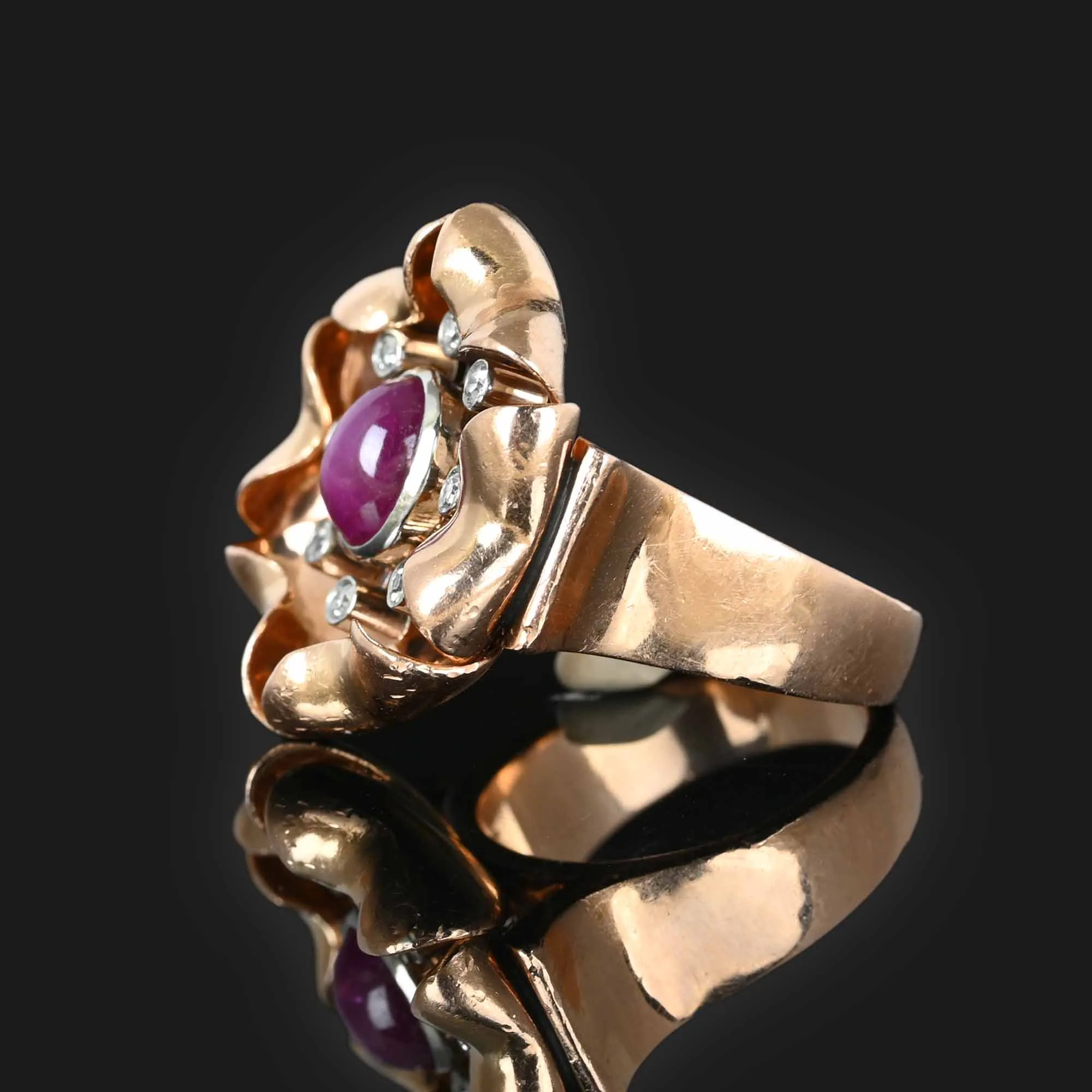 Retro Diamond Ruby Star Sapphire Ring, Heavy 14K Rose Gold