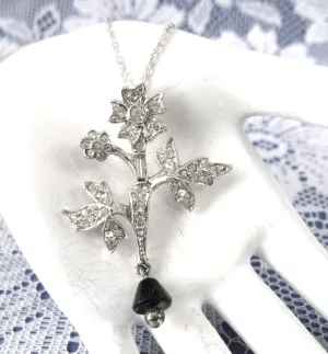 Rhinestone Necklace Figural Flower Black Glass Dangle Sterling Rope Chain 1950s