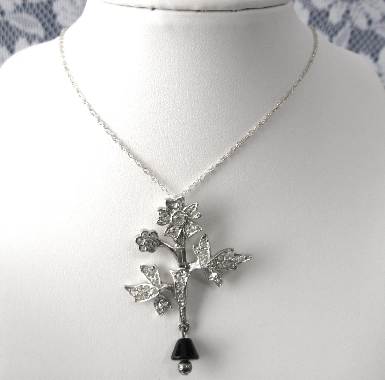 Rhinestone Necklace Figural Flower Black Glass Dangle Sterling Rope Chain 1950s