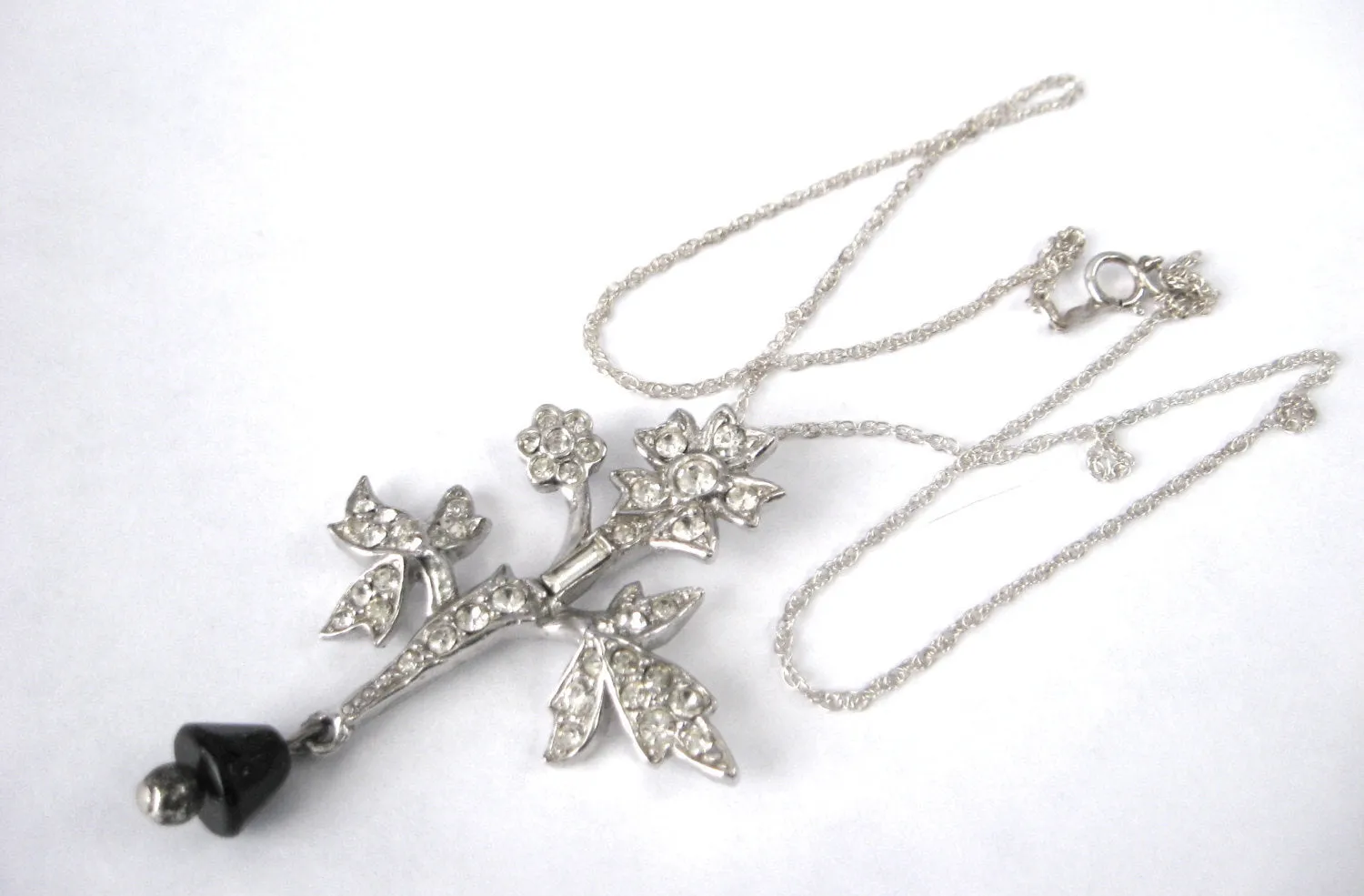 Rhinestone Necklace Figural Flower Black Glass Dangle Sterling Rope Chain 1950s