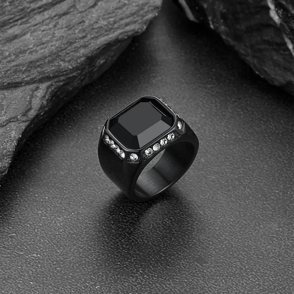 Rhinestones Embrace Black Onyx Stainless Steel Ring