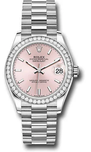 Rolex White Gold Datejust 31 Watch - Diamond Bezel - Pink Index Dial - President Bracelet 278289rbr pip