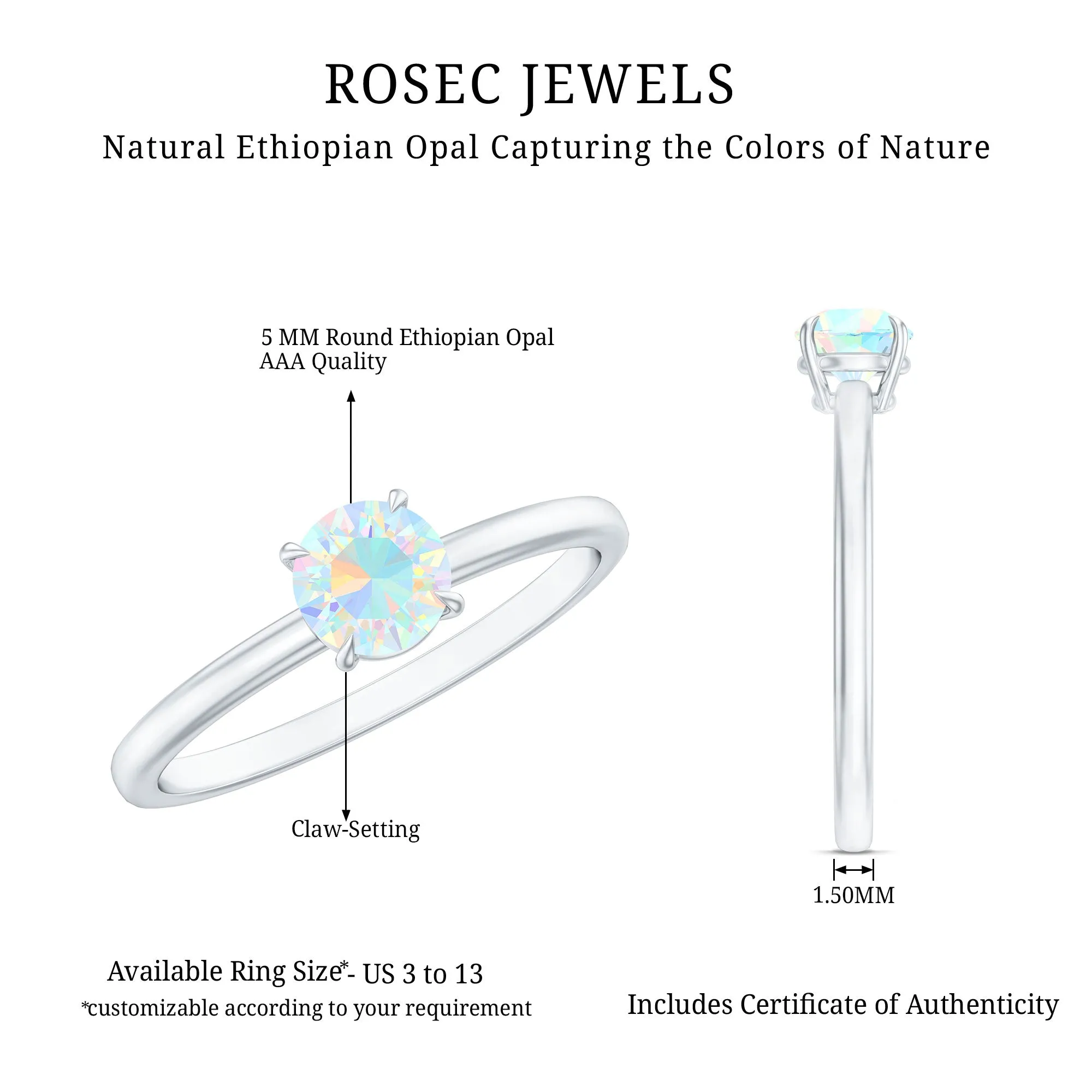 Round Shape Ethiopian Opal Solitaire Ring in Claw Setting