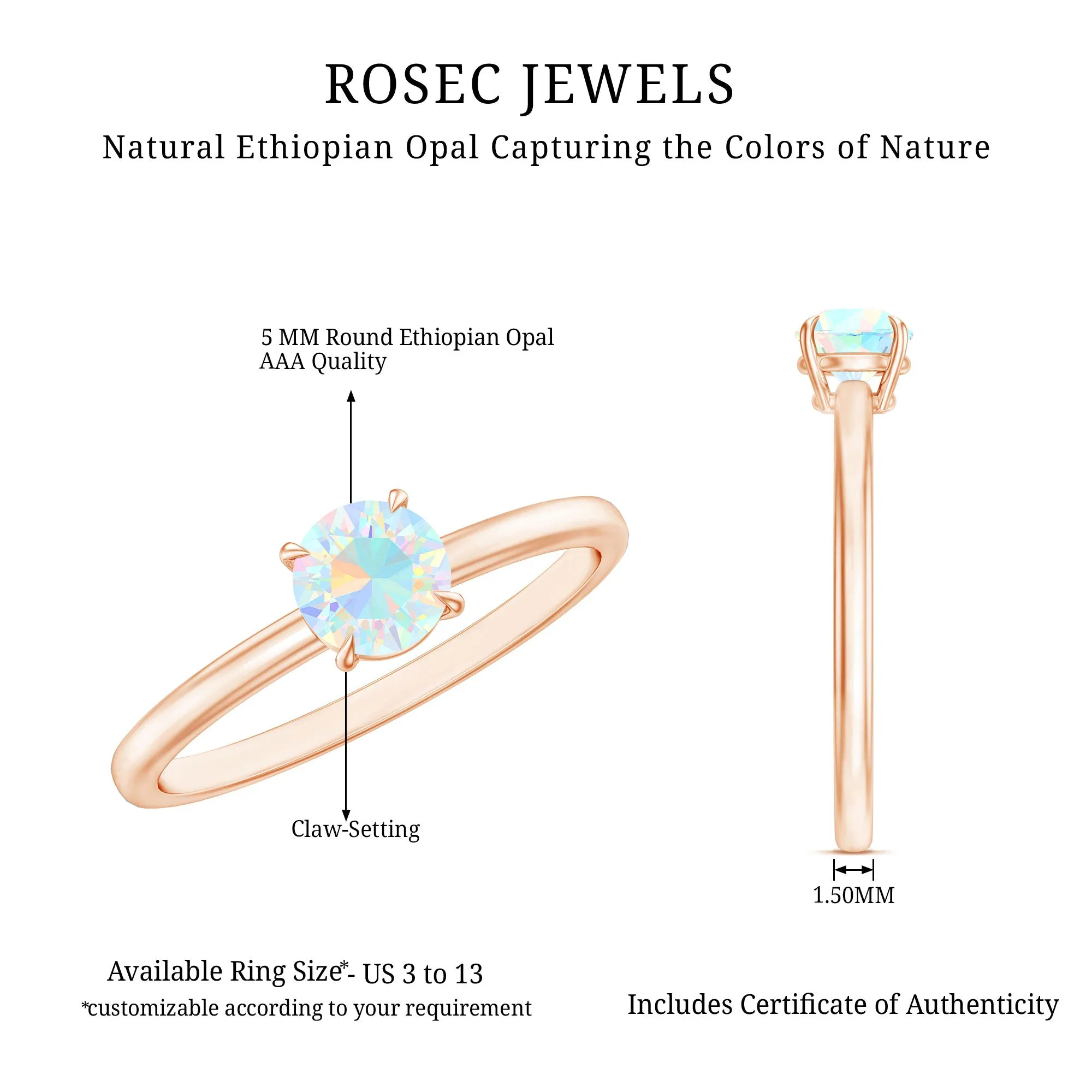 Round Shape Ethiopian Opal Solitaire Ring in Claw Setting