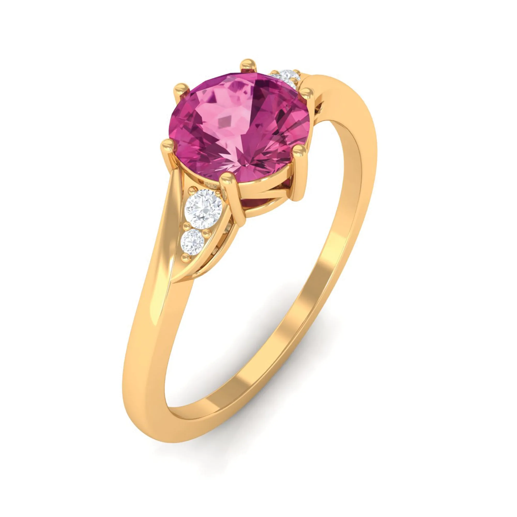 Round Shape Pink Tourmaline Solitaire Ring with Diamond