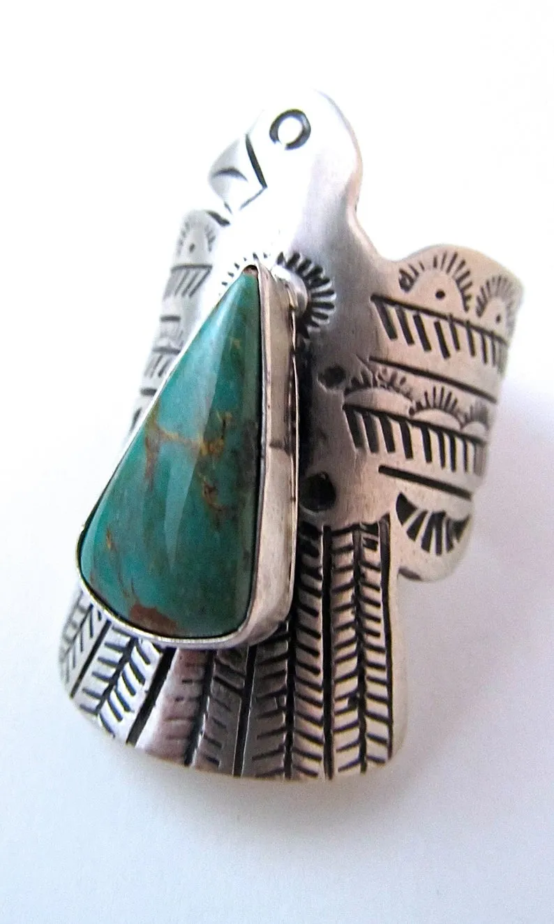 RUSSELL SAM Thunderbird Silver and Turquoise Ring, Sz 8 1/4