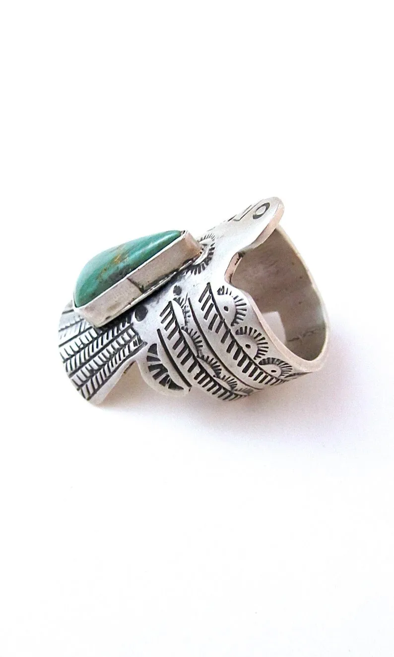 RUSSELL SAM Thunderbird Silver and Turquoise Ring, Sz 8 1/4