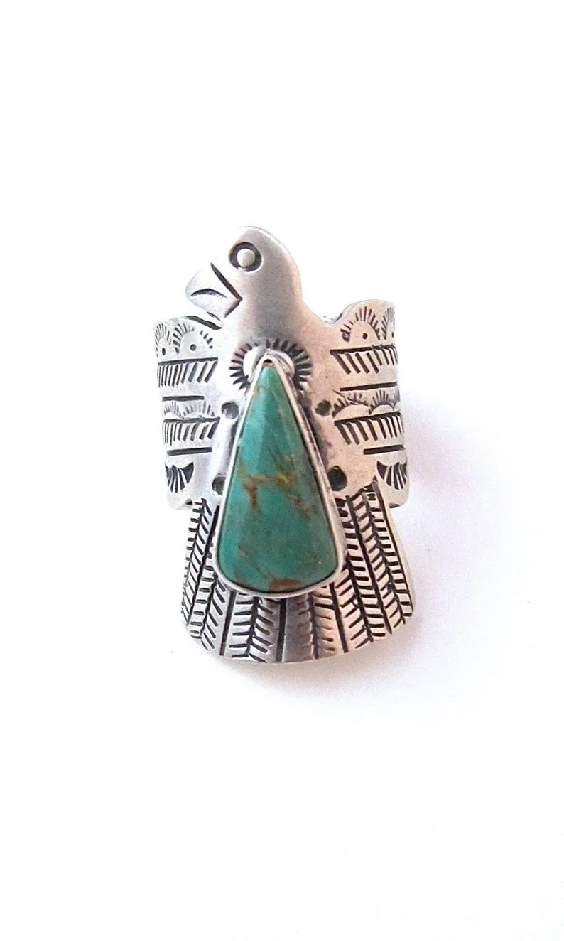 RUSSELL SAM Thunderbird Silver and Turquoise Ring, Sz 8 1/4