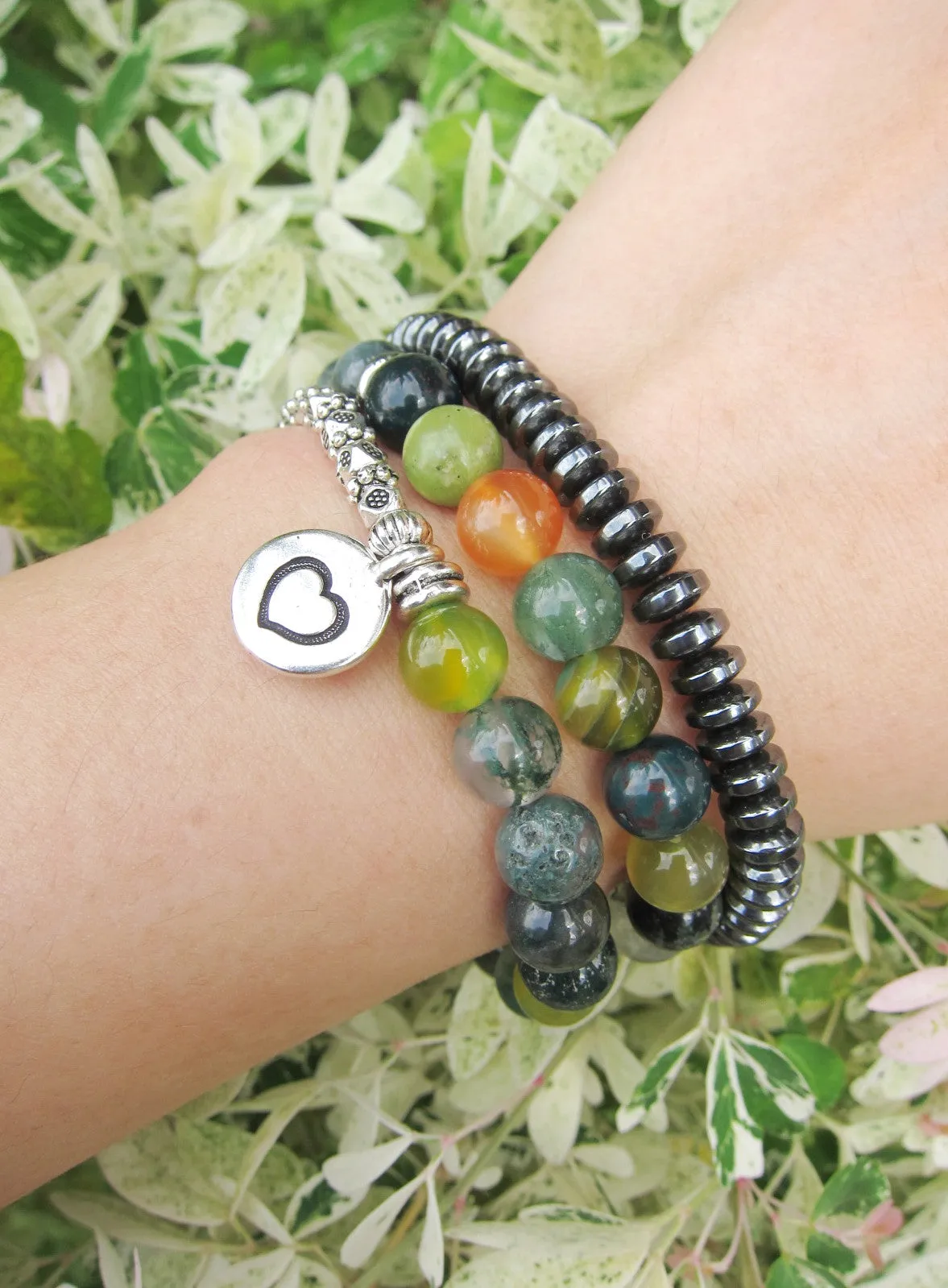 SALE - 27 Bead Labradorite, Eagle Eye, Agate Mala Stone Bracelet with Heart Charm