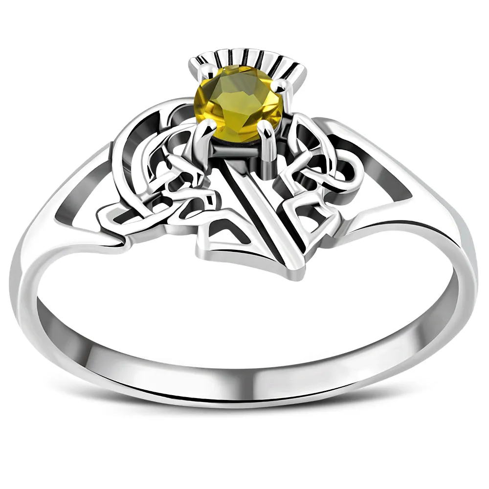 Scottish Thistle Citrine Stone Silver Ring