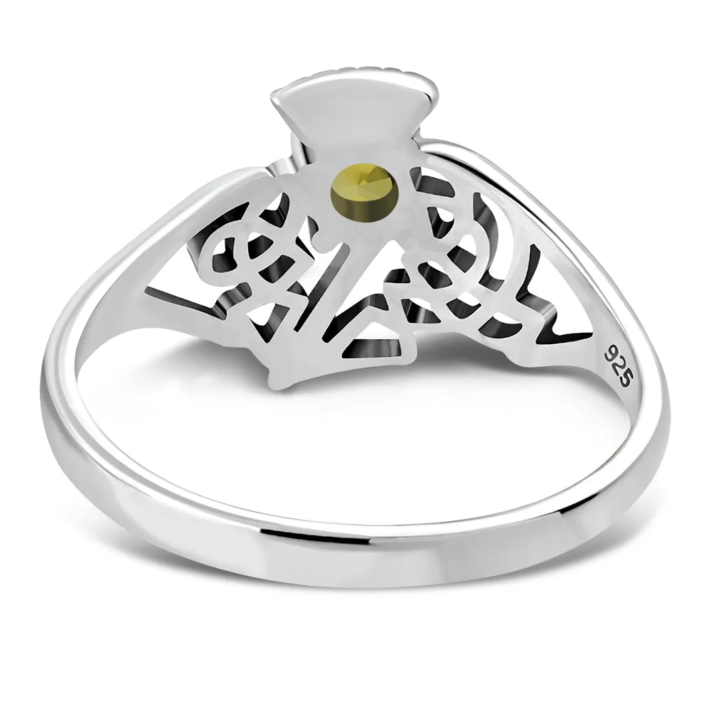 Scottish Thistle Citrine Stone Silver Ring