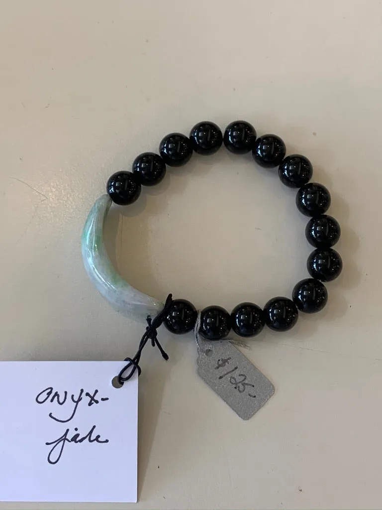 Semi Precious Jade and Onyx Stretch Bead Bracelet