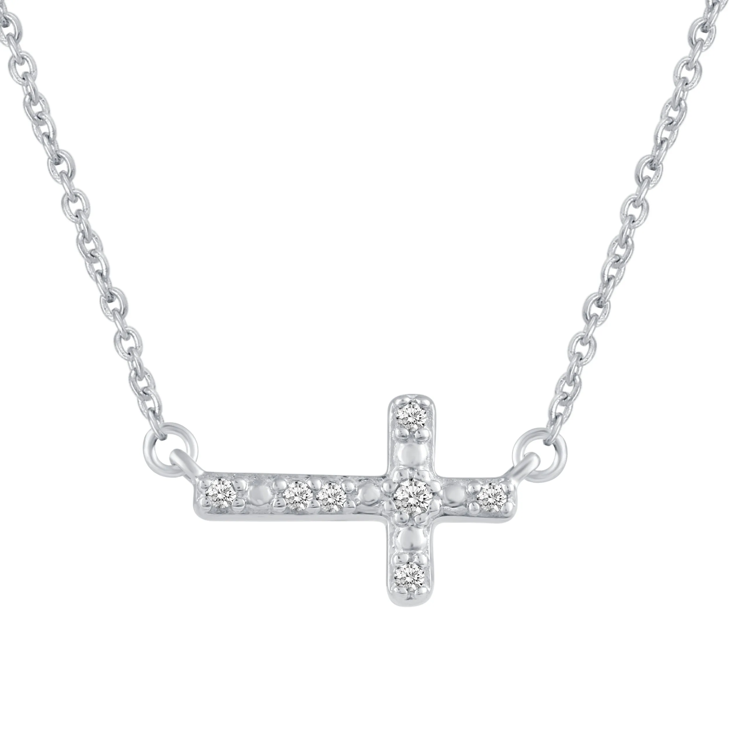 Sideways Cross 1/20 Cttw Natural Diamond Pendant Necklace set in 925 Sterling Silver