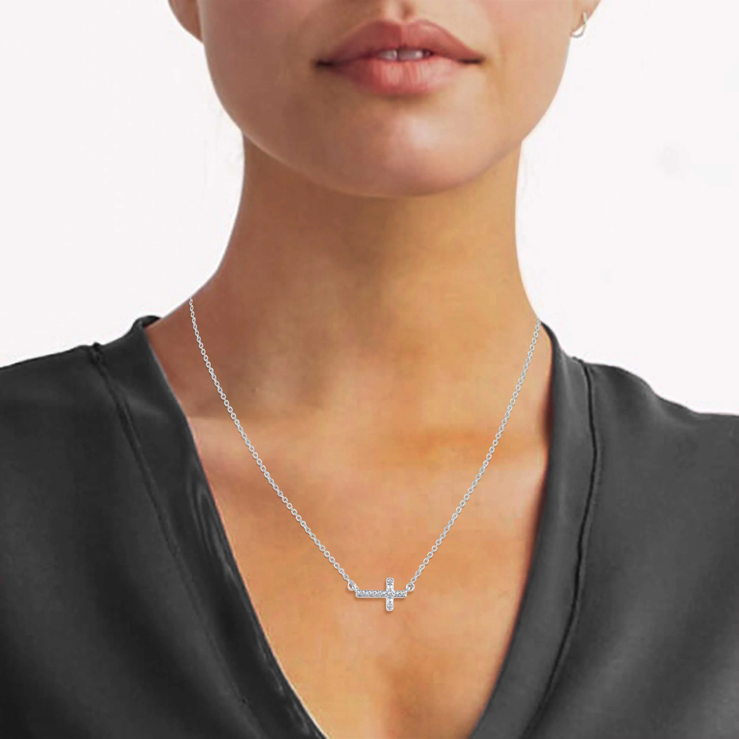 Sideways Cross 1/20 Cttw Natural Diamond Pendant Necklace set in 925 Sterling Silver