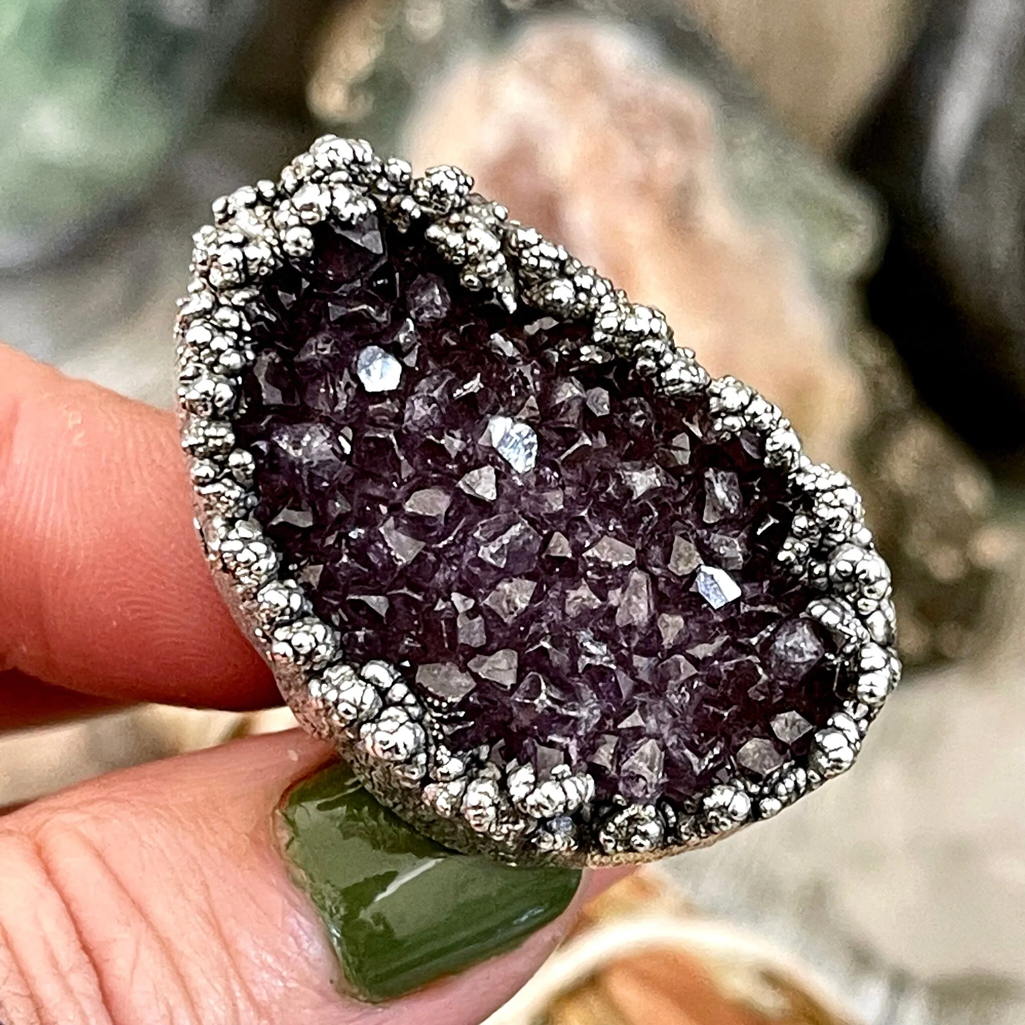 Size 8.5 Big Raw Amethyst Purple Crystal Ring in Fine Silver / Foxlark Collection - One of a Kind