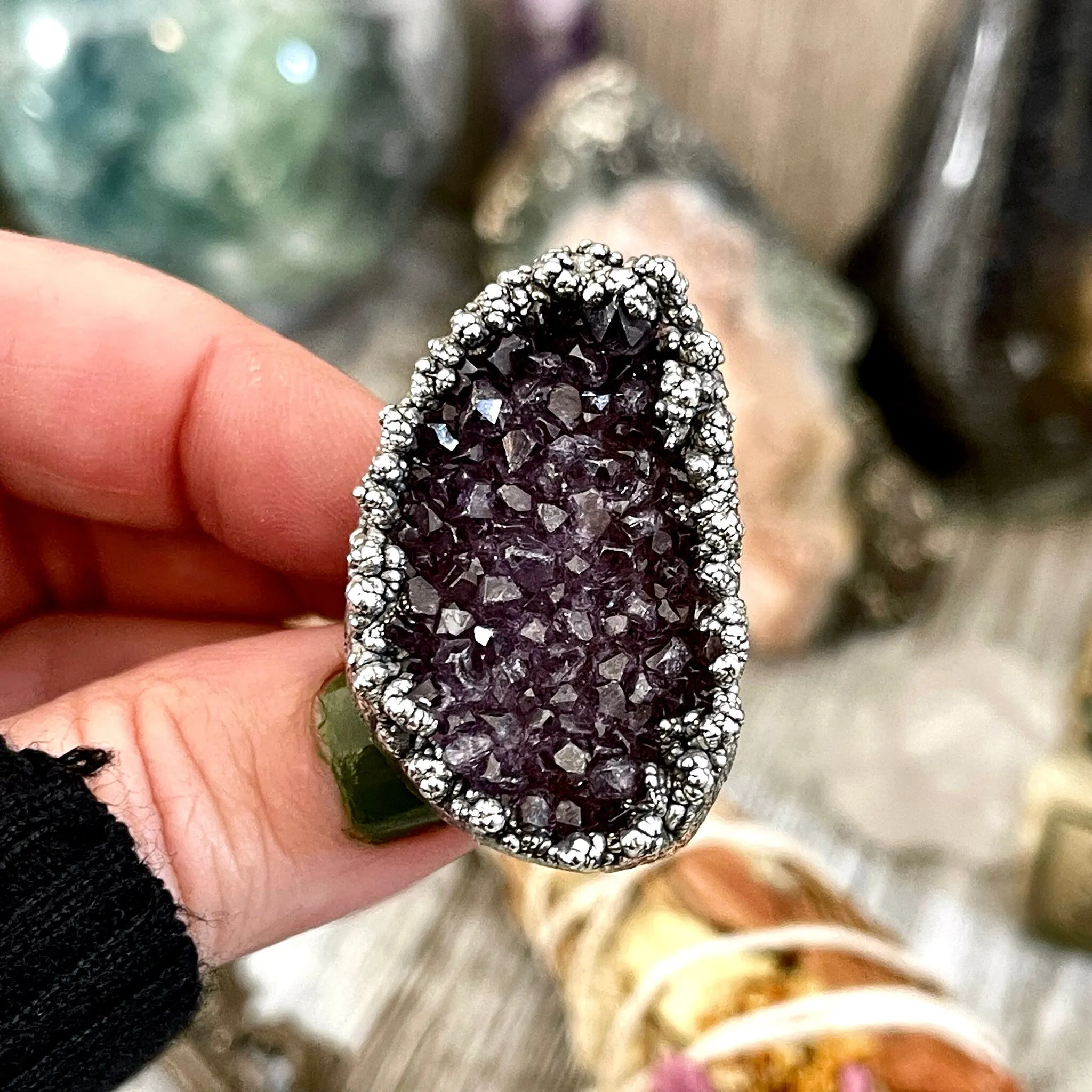 Size 8.5 Big Raw Amethyst Purple Crystal Ring in Fine Silver / Foxlark Collection - One of a Kind